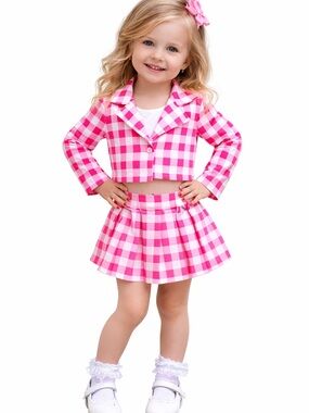 Girls Pink Gingham Two-Piece Set - Cropped Blazer & Pleated Skirt